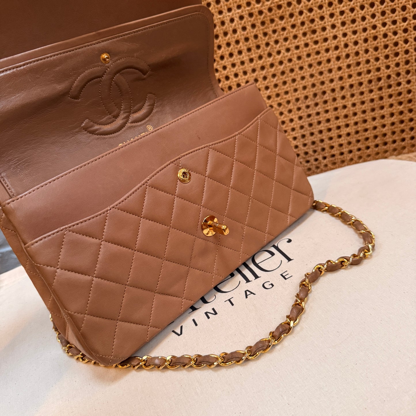 Chanel 1989 Rare Tan Lambskin Leather Classic Double Flap in Medium with 24k Gold Hardware