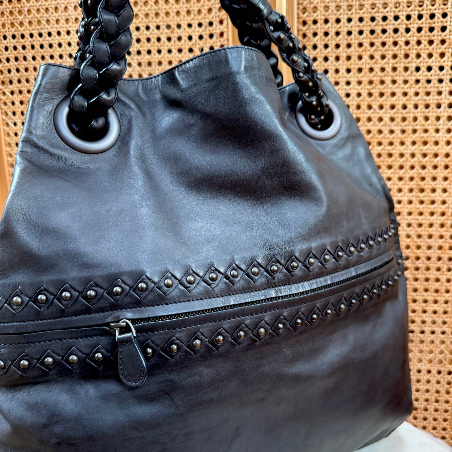 Bottega Veneta 1990s Black Leather Studded Two Way Tote