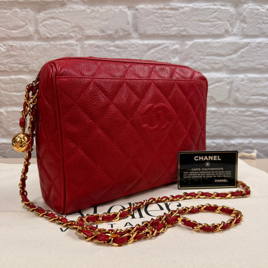 Chanel 1994 Rare Red Caviar Camera Bag with CC Charm