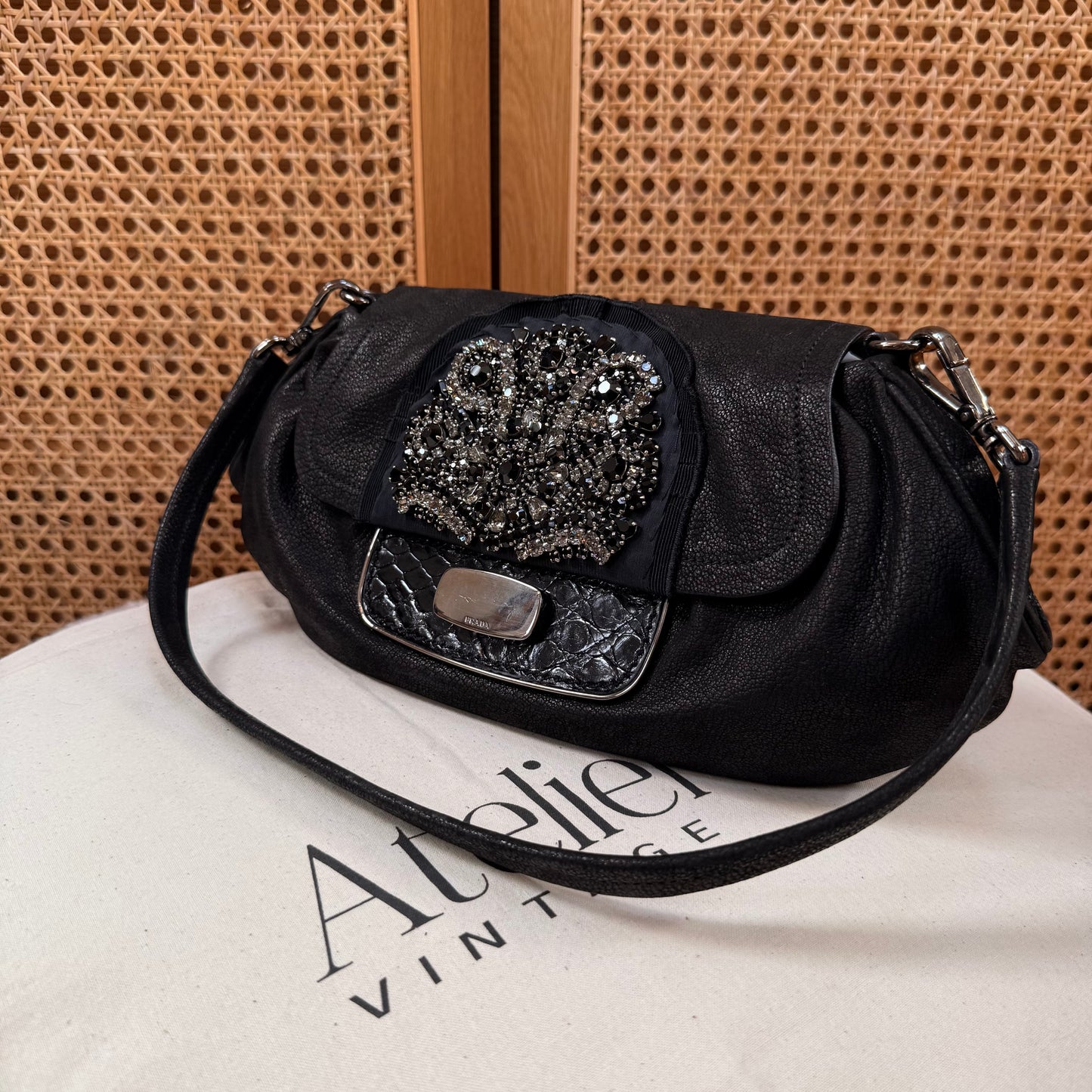 Prada 2002 Black & Embellished Jewel Two Way Shoulder Bag