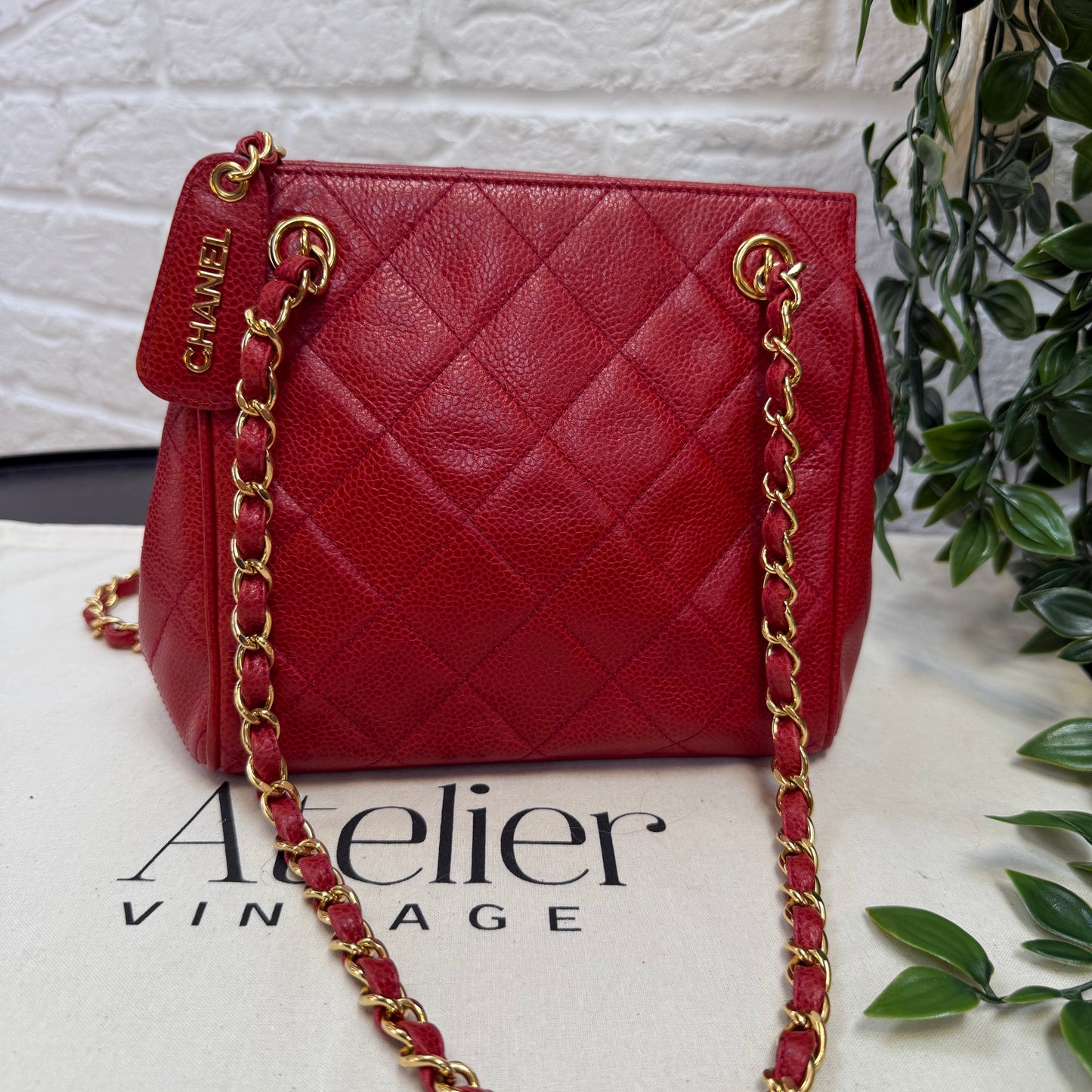 Chanel 1989 Chanel Red Caviar CC Quilted Shoulder Bag