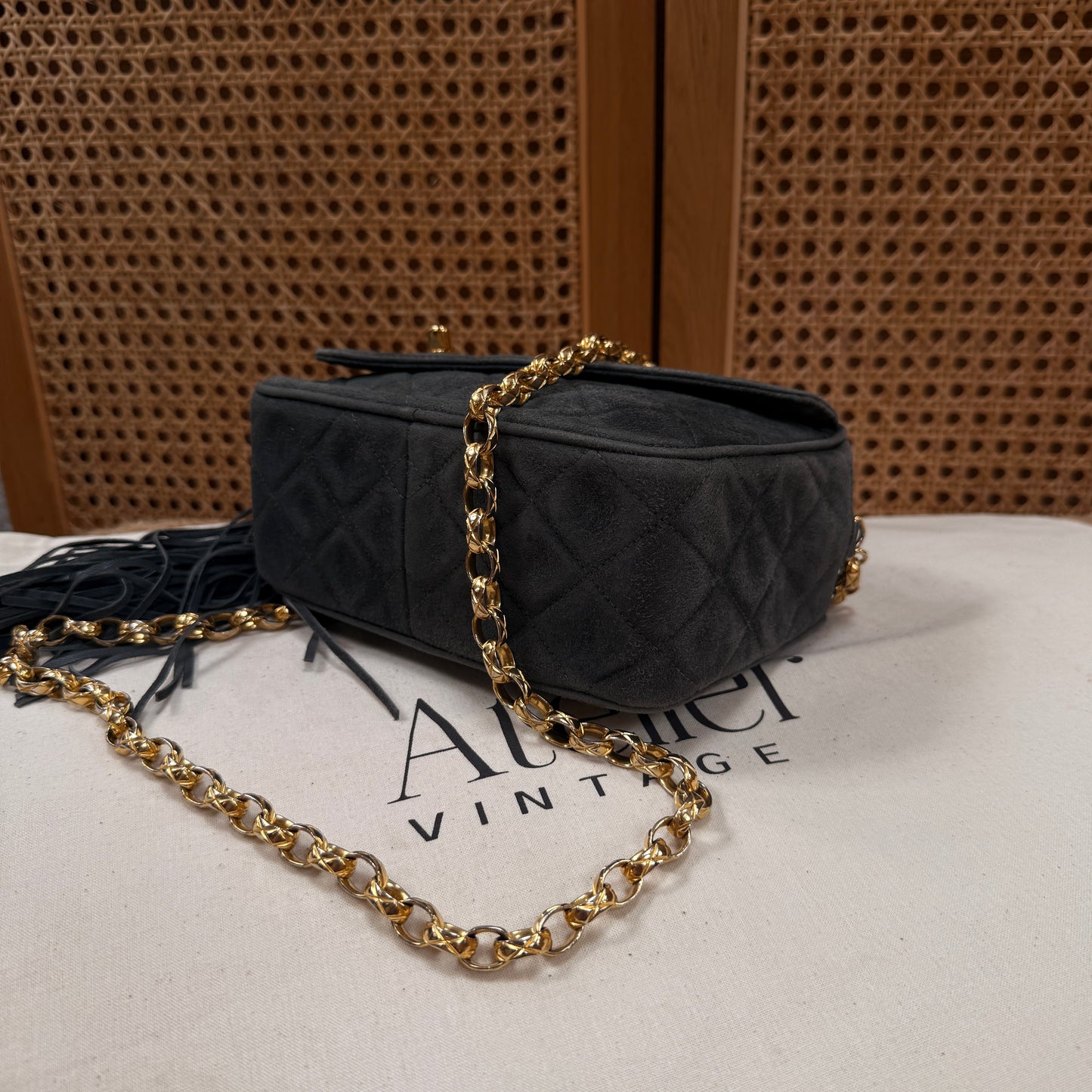 Chanel 1994 rare camera bag with bijoux chain in slate grey suede