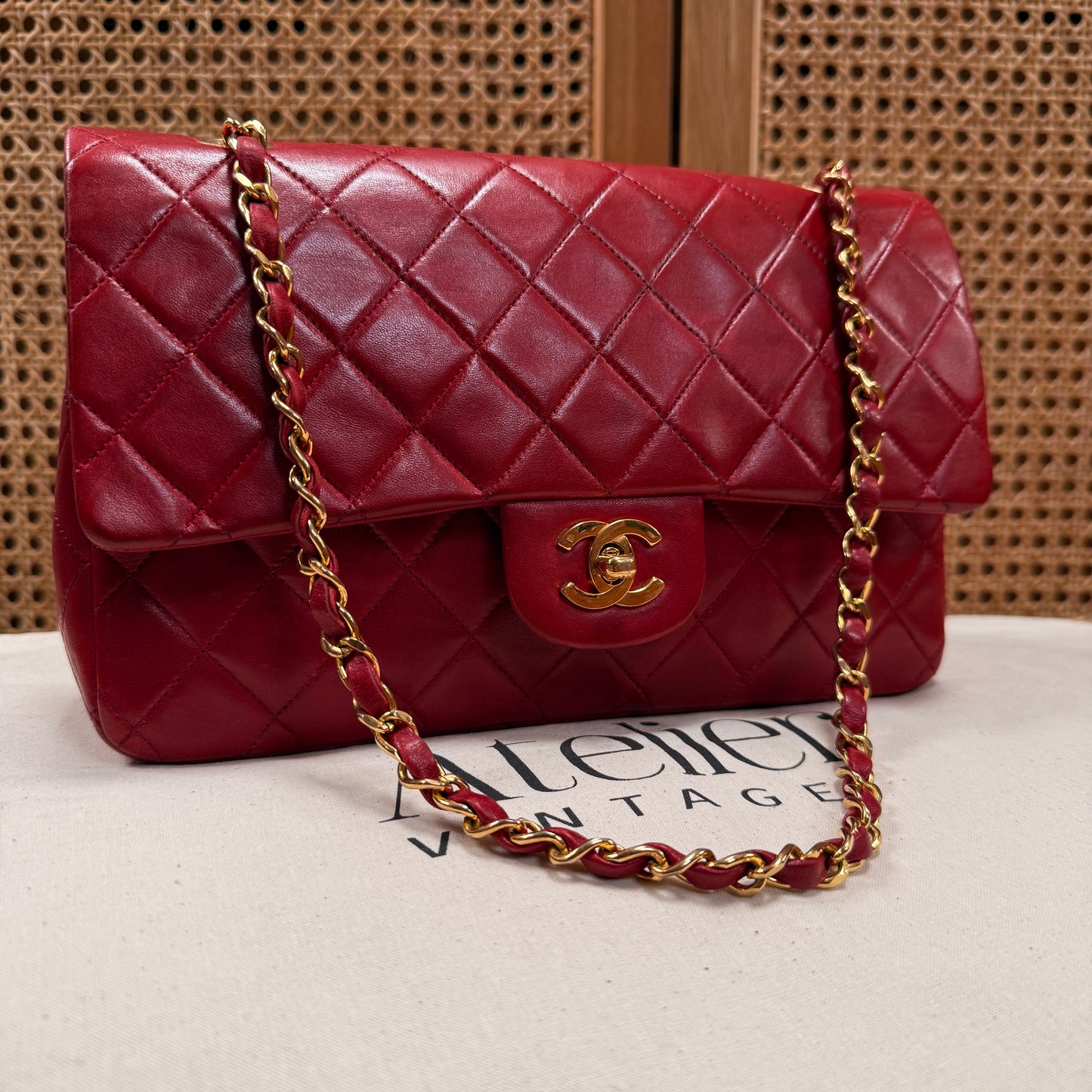 Chanel 1989 Red Lambskin Leather Classic Double Flap in Medium with 24k Gold Hardware