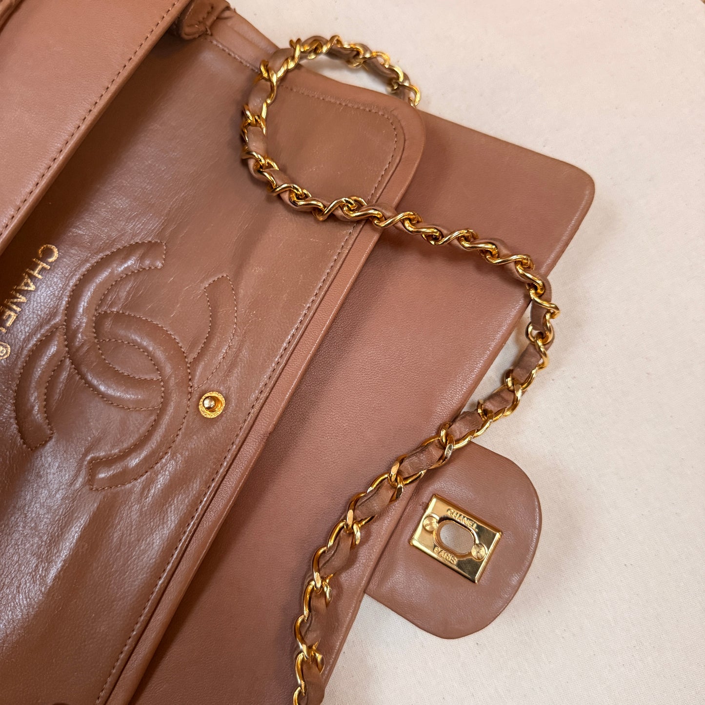 Chanel 1989 Rare Tan Lambskin Leather Classic Double Flap in Medium with 24k Gold Hardware