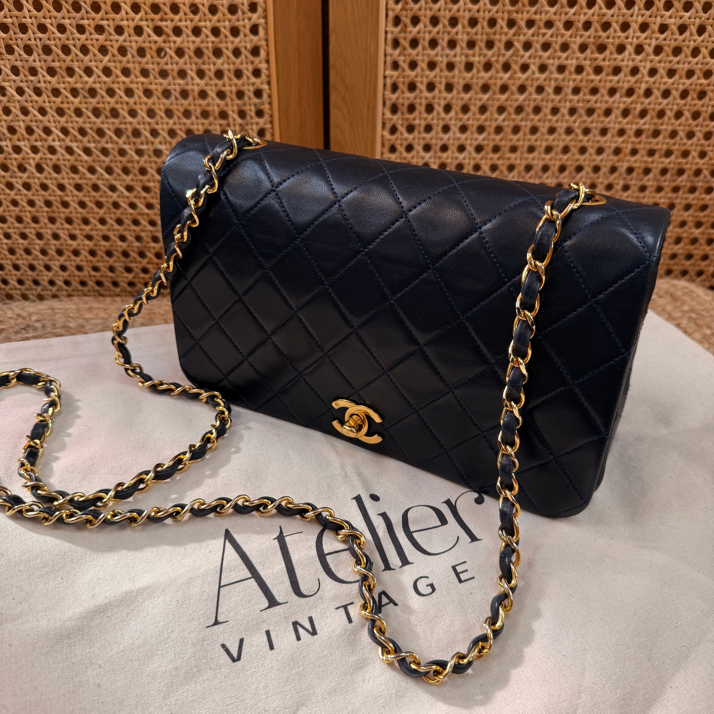 Chanel 1989 Rare Navy Classic Medium Rectangle Full Flap