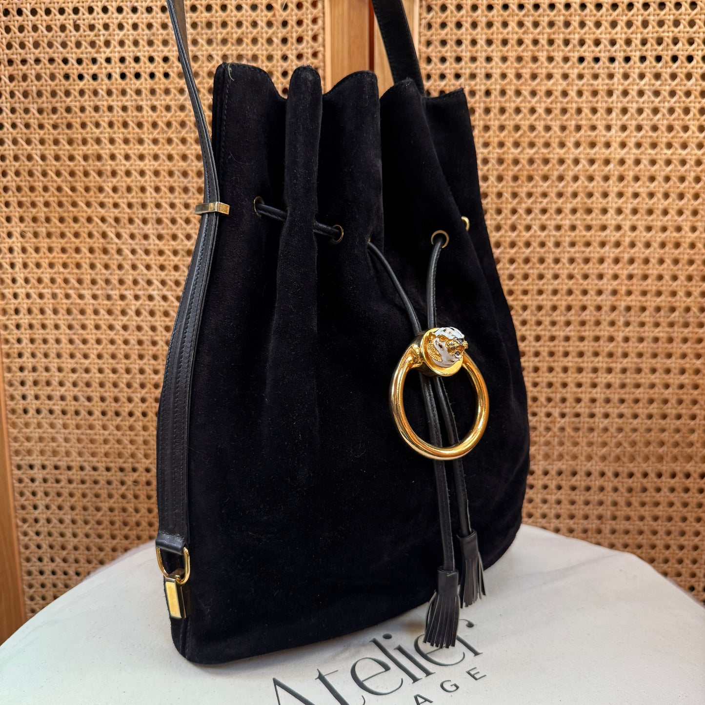 Gucci 1990s Rare Enamel Leopard Suede Bucket Bag