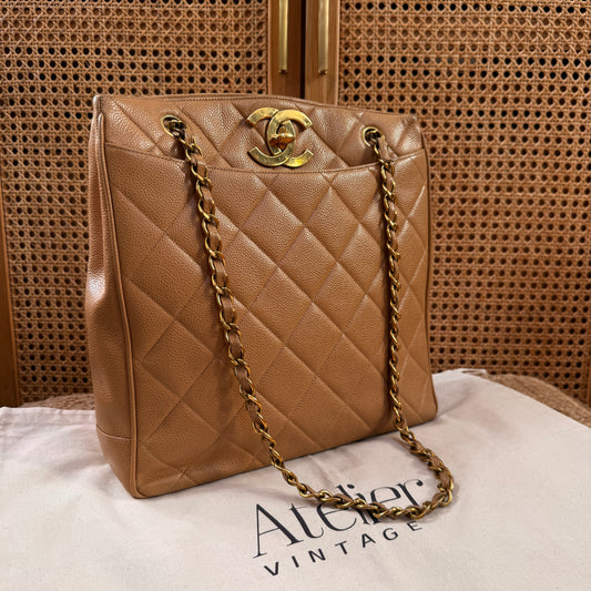 Chanel 1996 Dark Beige Caviar Tote with Jumbo CC Turnlock