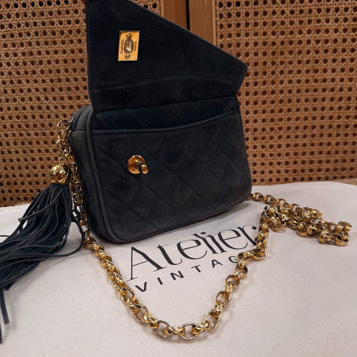 Chanel 1994 rare camera bag with bijoux chain in slate grey suede