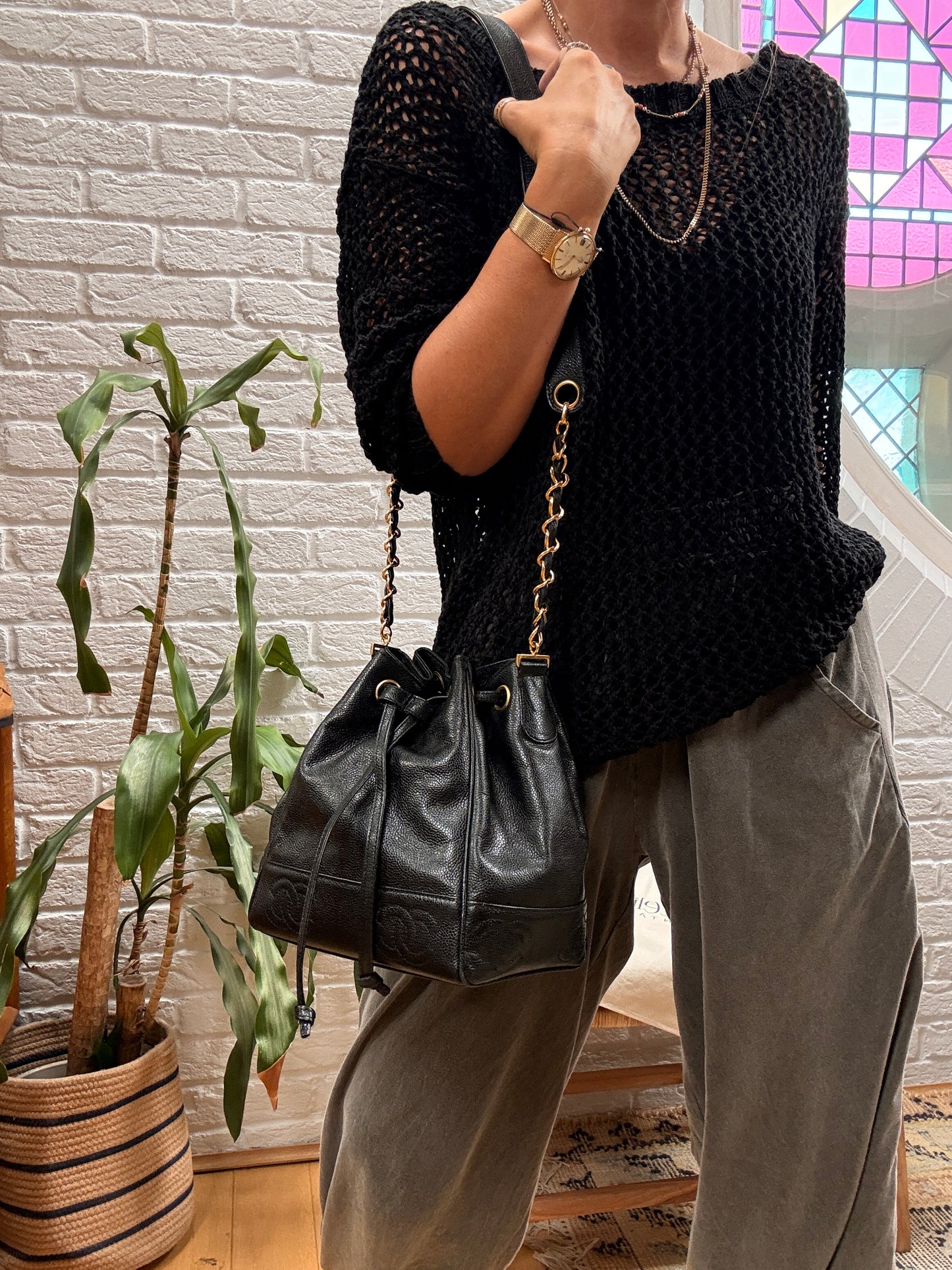 Chanel 1996 Triple CC Caviar bucket bag with pouch