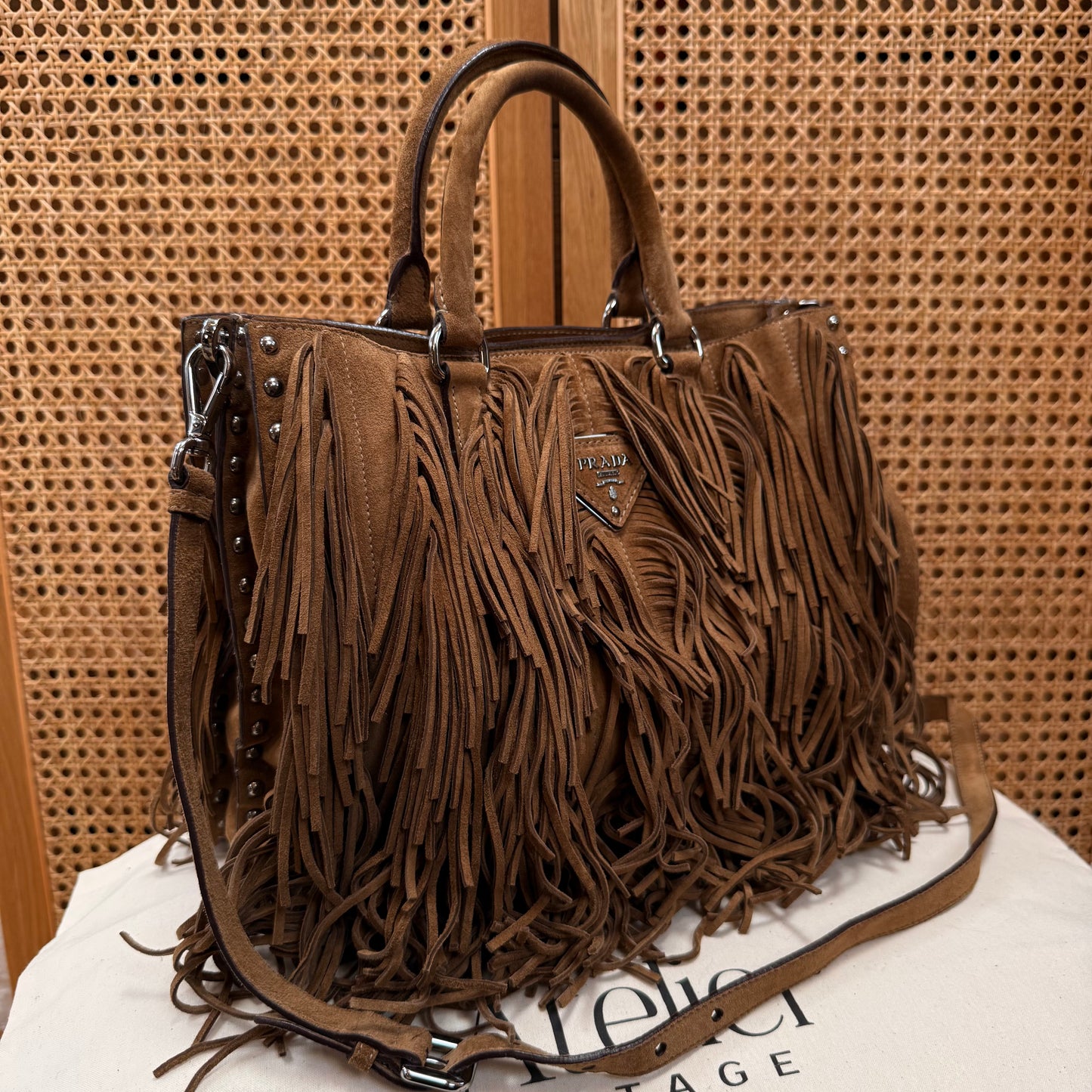 Prada Saffiano Two Way Suede Fringed tote