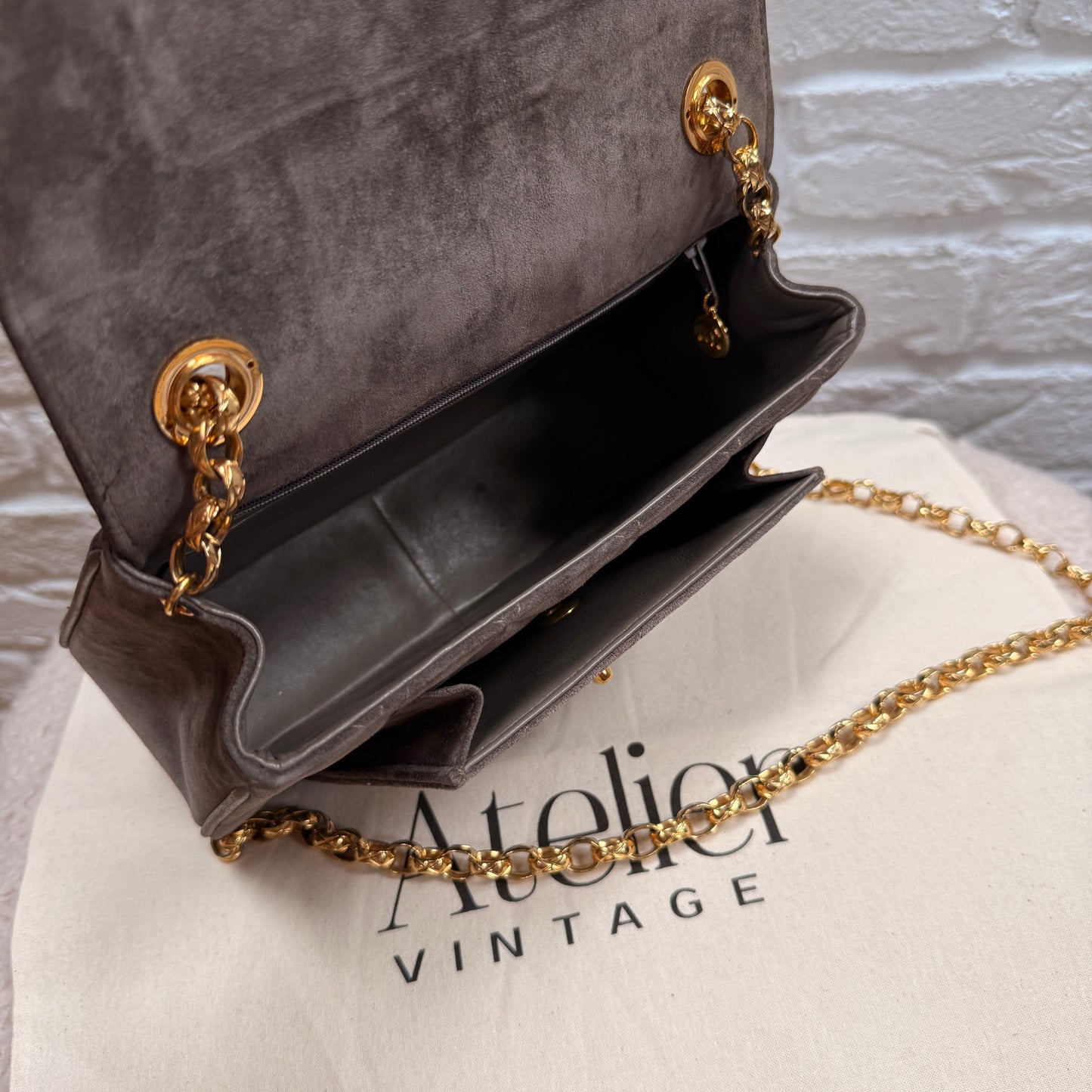 Chanel 1980s Ultra Rare Chanel Limited Edition Bijoux Chain in Taupe Suede and 24k Hold Hardware