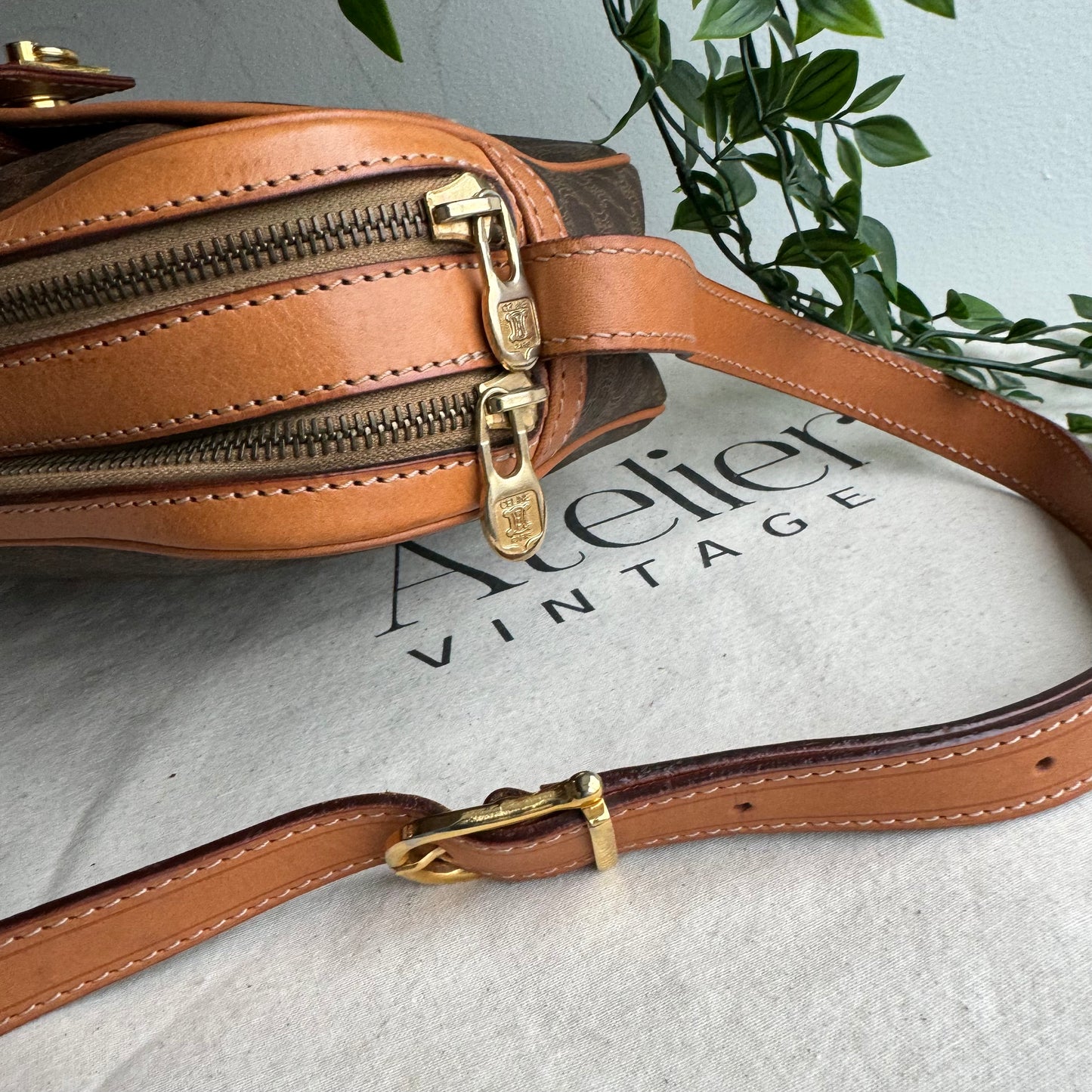 Celine Macadam Brown Double Zip Shoulder Bag