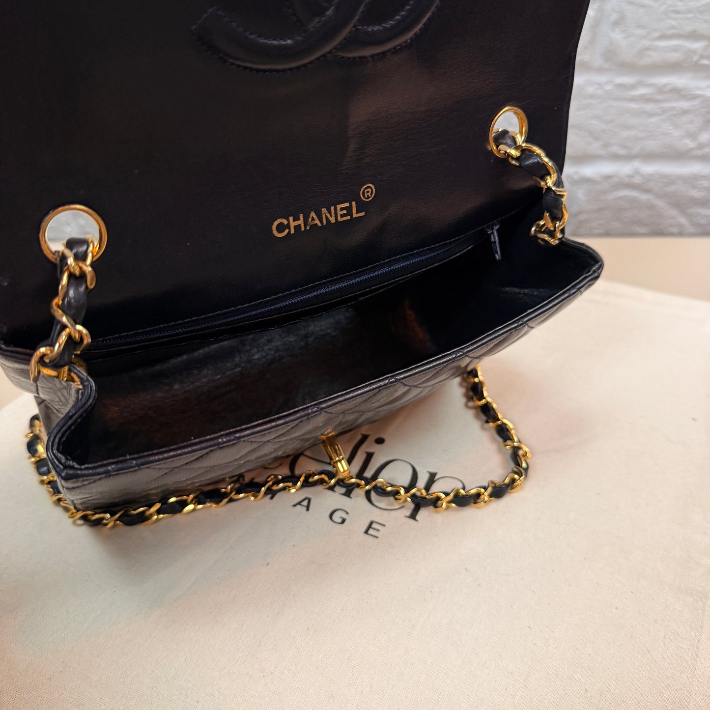 Chanel 1986 Rare Navy Lambskin Half Moon Single Flap with 24k Gold Hardware