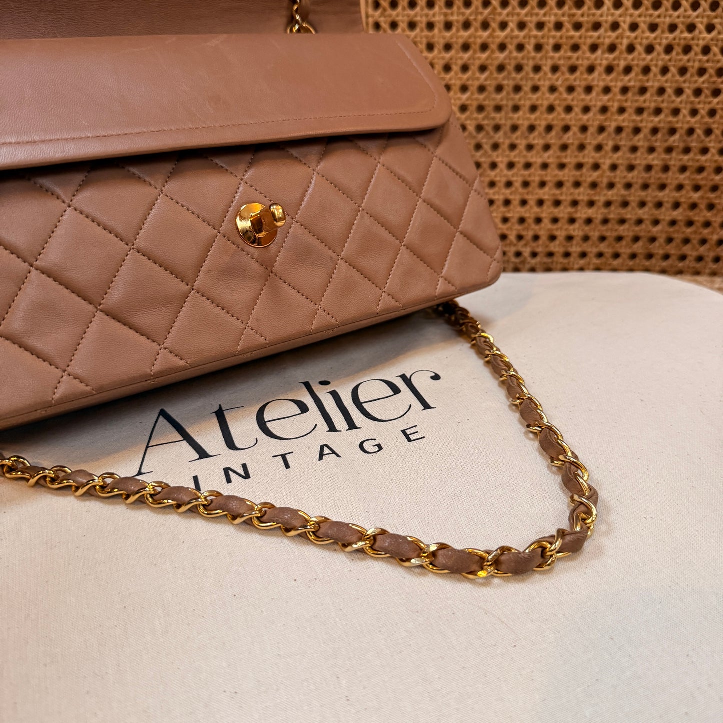 Chanel 1989 Rare Tan Lambskin Leather Classic Double Flap in Medium with 24k Gold Hardware