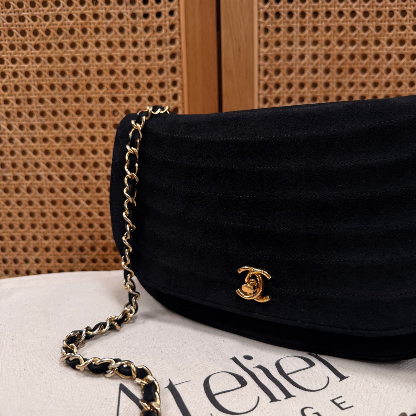 Chanel Rare early 1980s half moon quilted single flap in black suede