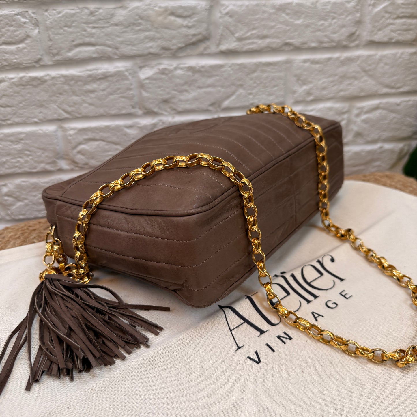 Chanel Rare 1980s Mademoiselle Camera Bag with Bijoux chain in Taupe