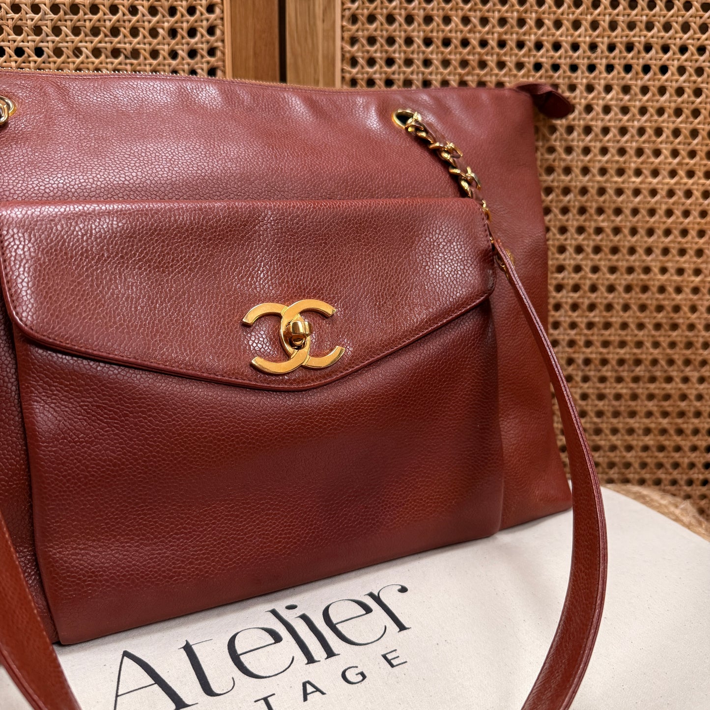 Chanel 1991 Rare Cognac Caviar leather tote with Turnlock front compartment