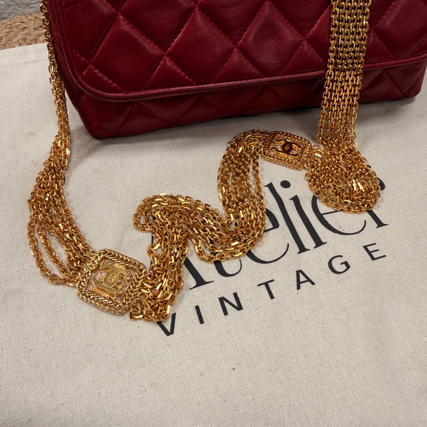 Chanel ULTRA RARE 1986 Single Flap with six strand 24k gold plated chain with CC logo stations