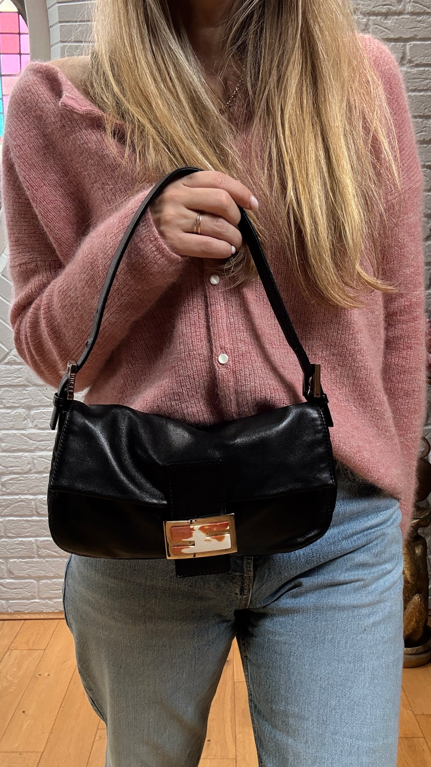 Fendi 1990s Original Fendi Baguette in black leather with limited edition animal print closure