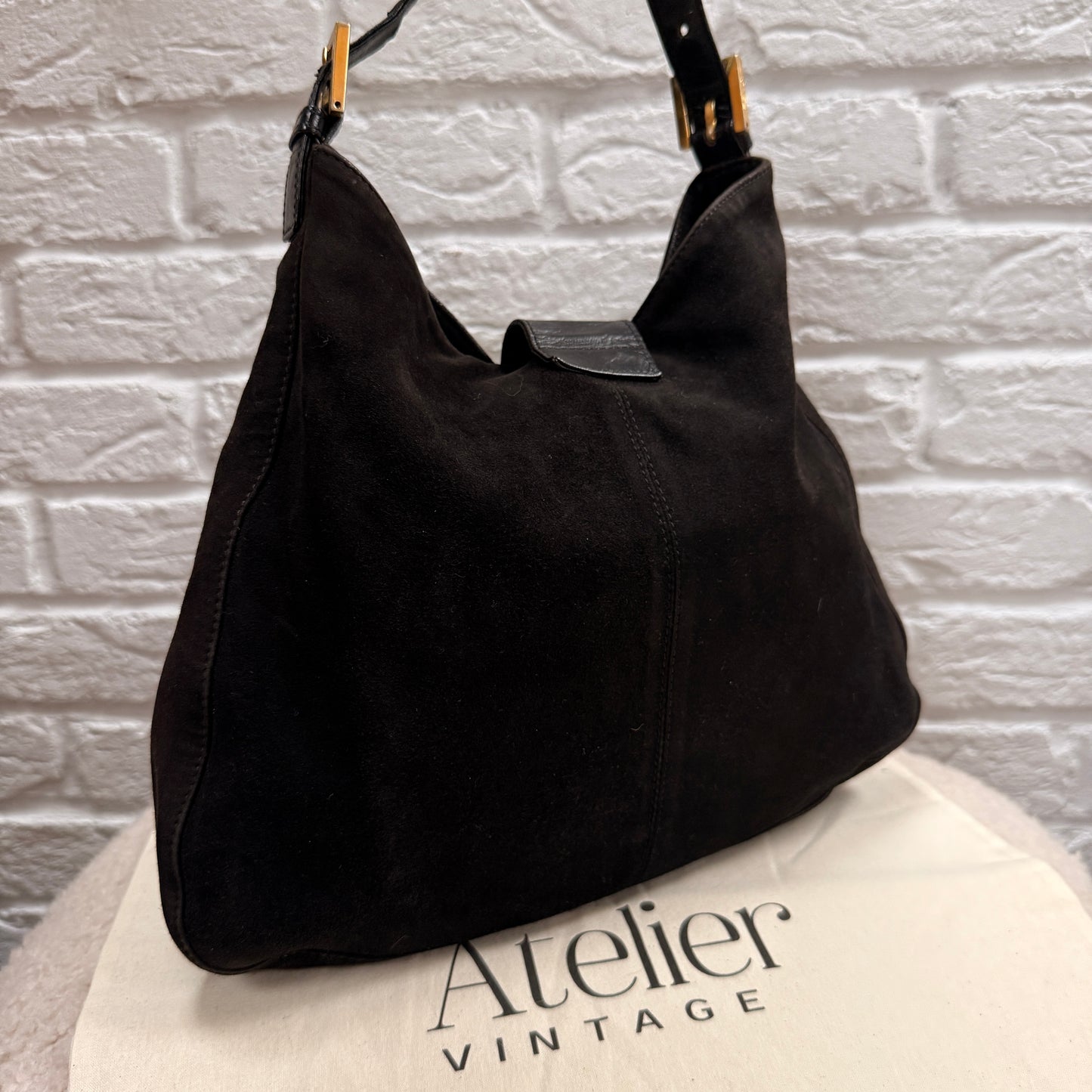 Fendi Rare Fendi Baguette Cross Body Tote in black suede with limited edition enamel closure