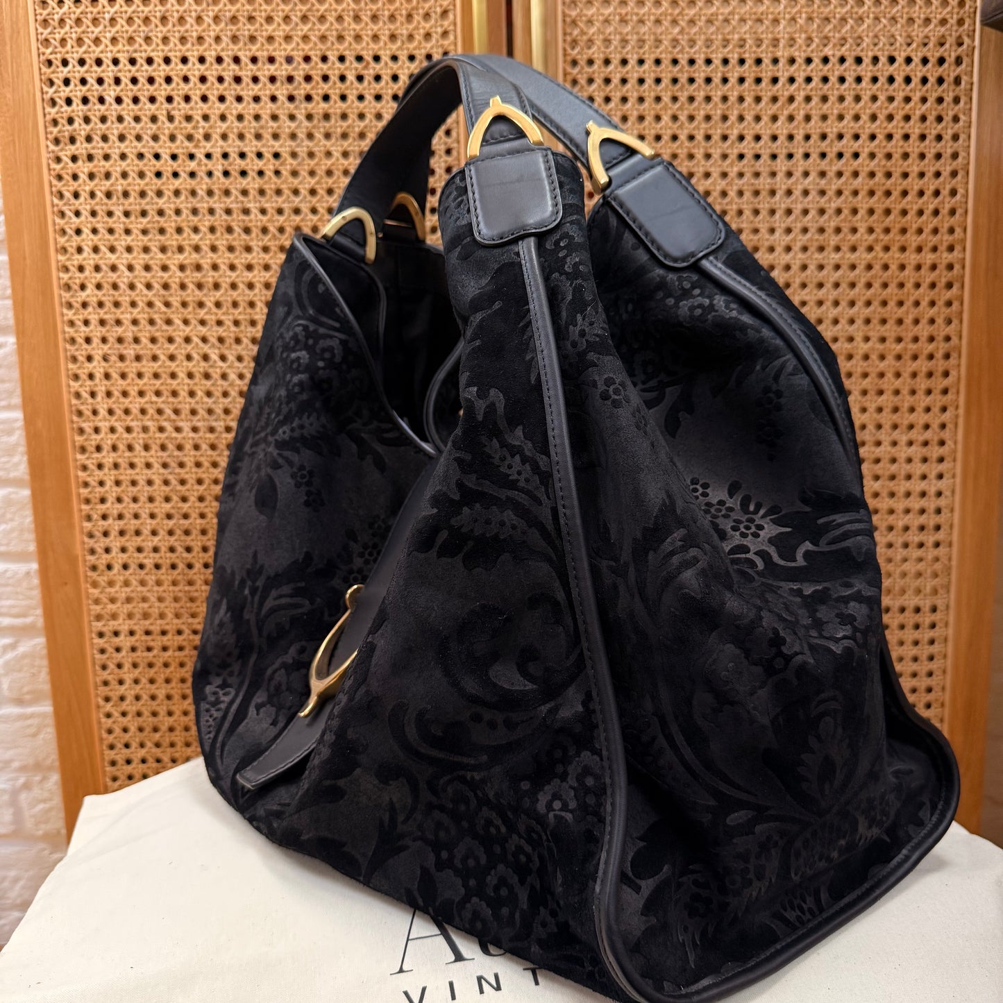 Gucci Suede Brocade Stirrup Tote
