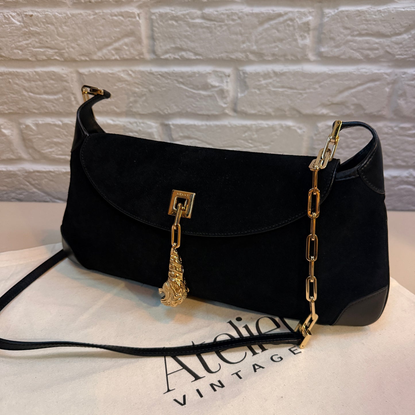 Gucci 1990s Gucci X Tom Ford Black Suede Tigers Head Cross Body