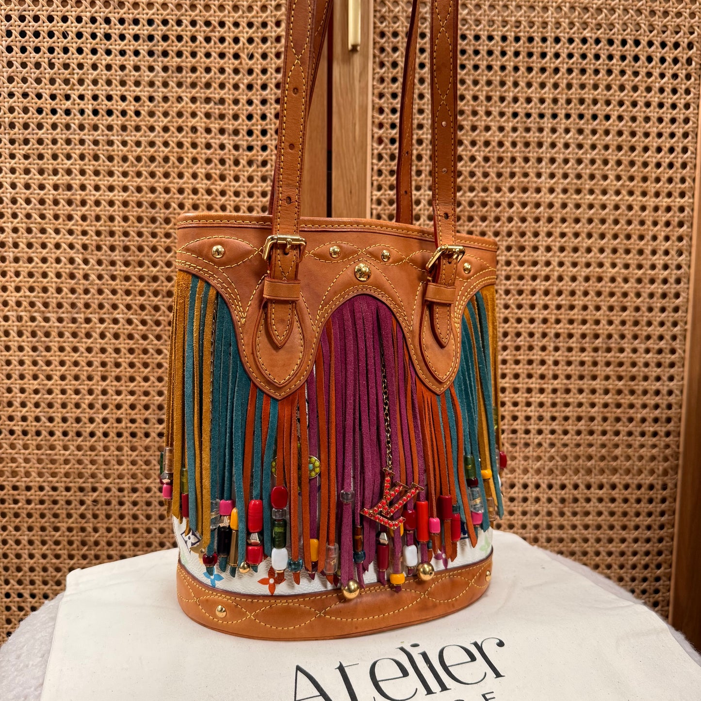Louis Vuitton 2006 ULTRA RARE Murakami Suede and Beaded Fringe Bucket Bag