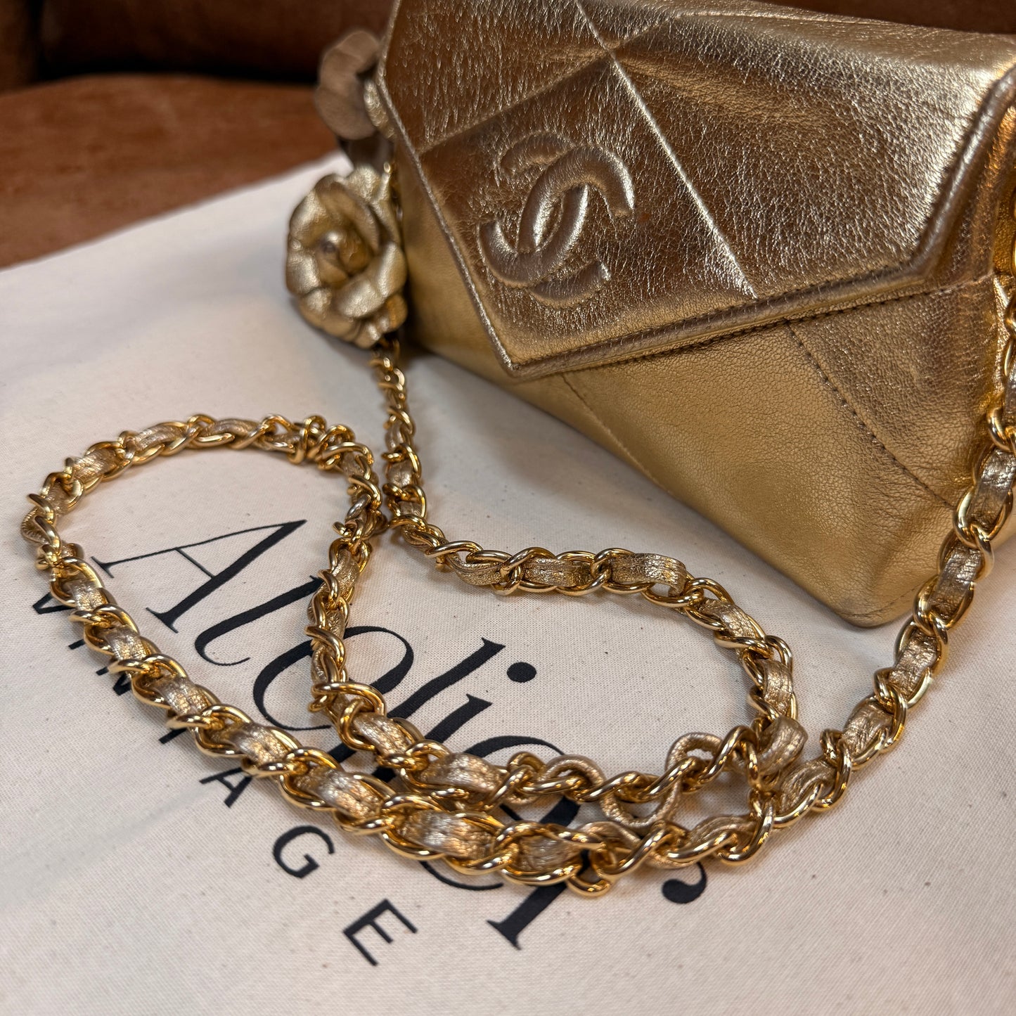 Chanel 1986 Ultra Rare Gold Lambskin Camellia Charm Envelope Flap