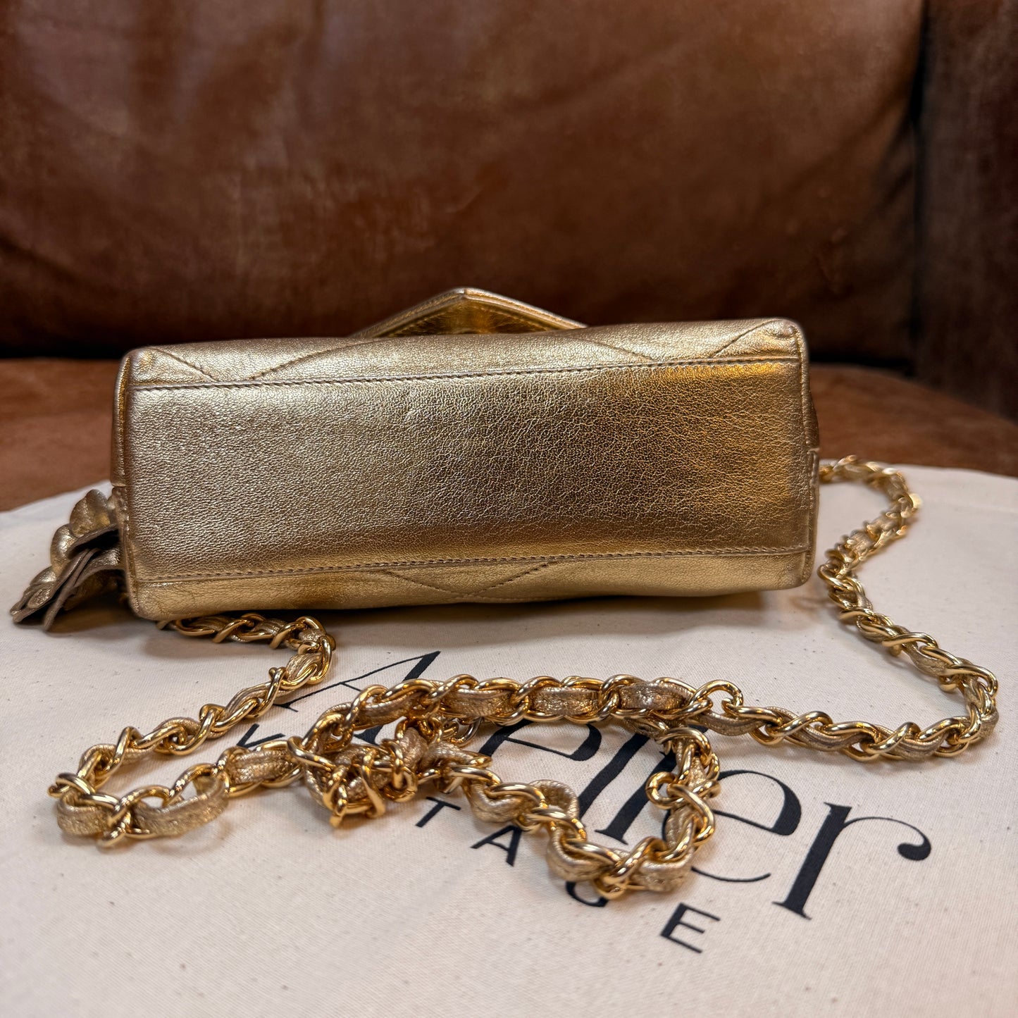 Chanel 1986 Ultra Rare Gold Lambskin Camellia Charm Envelope Flap