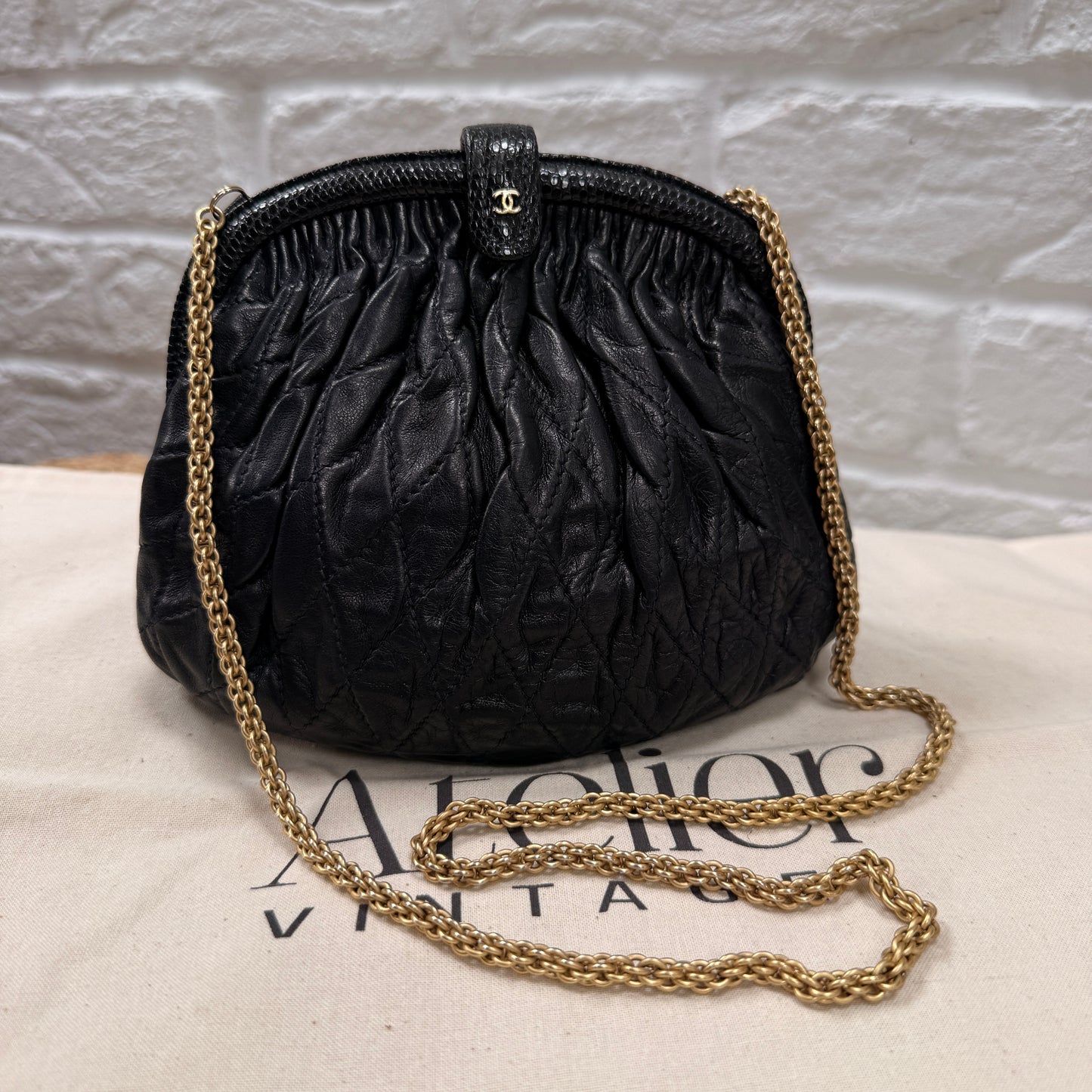 Chanel ULTRA RARE Early 1980s Navy Lambskin & Lizard Skin Kiss lock Frame Bag