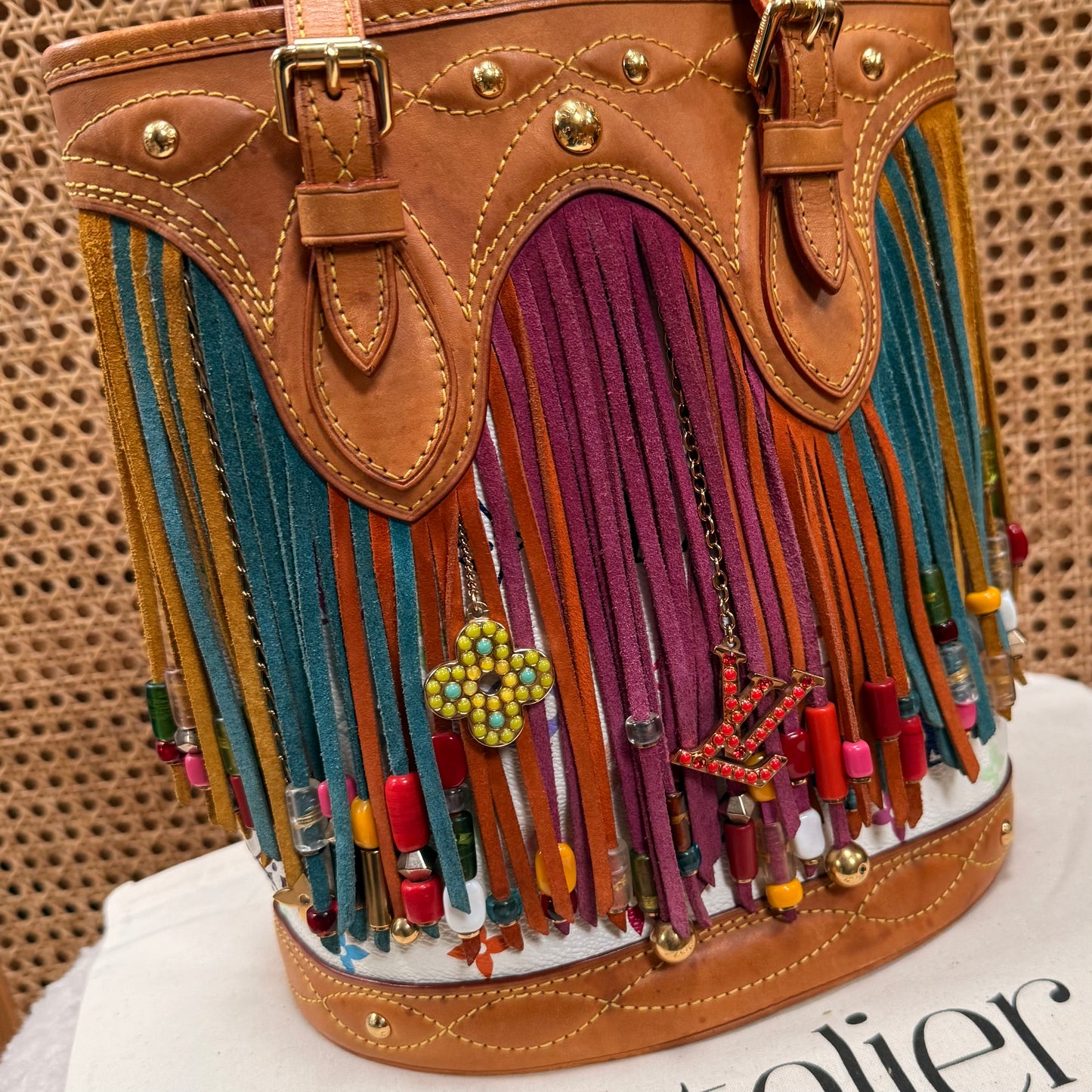 Louis Vuitton 2006 ULTRA RARE Murakami Suede and Beaded Fringe Bucket Bag
