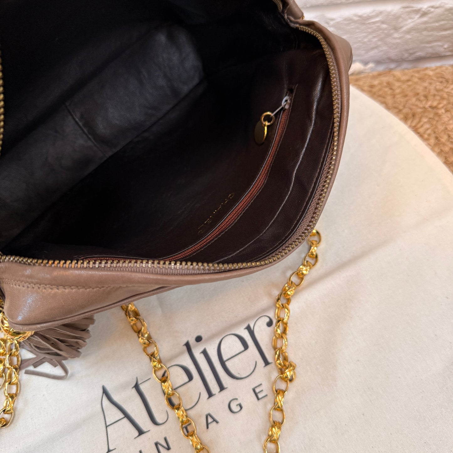 Chanel Rare 1980s Mademoiselle Camera Bag with Bijoux chain in Taupe