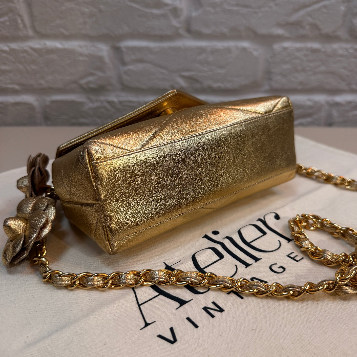 Chanel 1986 Ultra Rare Gold Lambskin Camellia Charm Envelope Flap