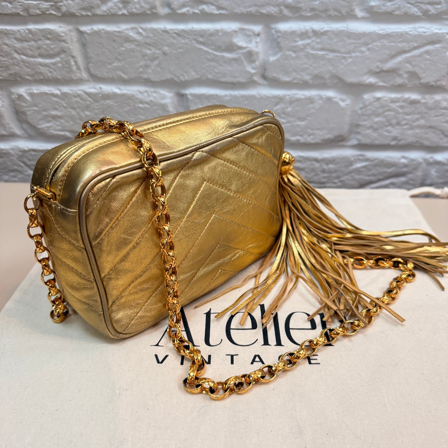 Chanel 1991 Ultra Rare Chevron Quilted Turnlock Camera Bag in Gold Lambskin Leather with 24k gold hardware