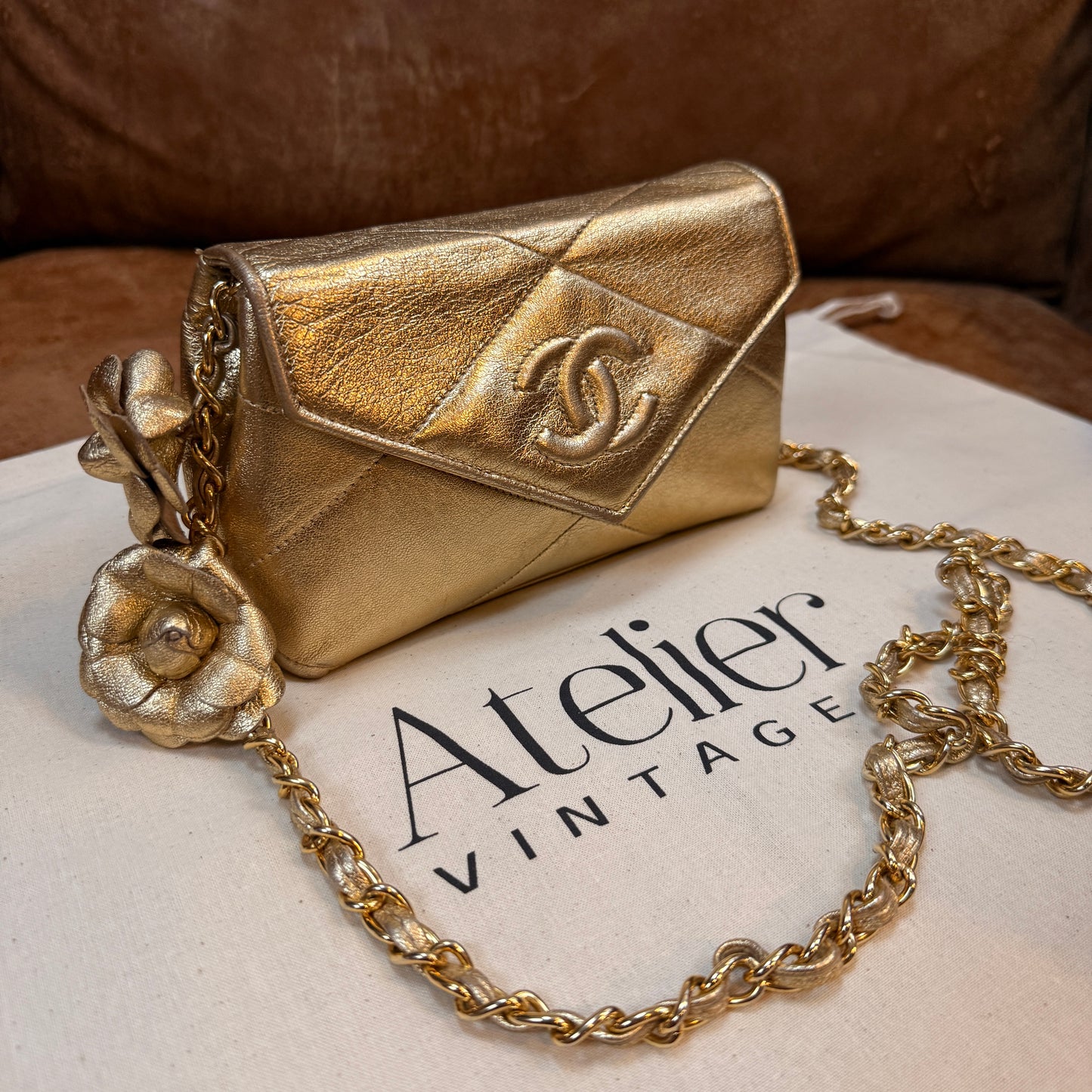 Chanel 1986 Ultra Rare Gold Lambskin Camellia Charm Envelope Flap