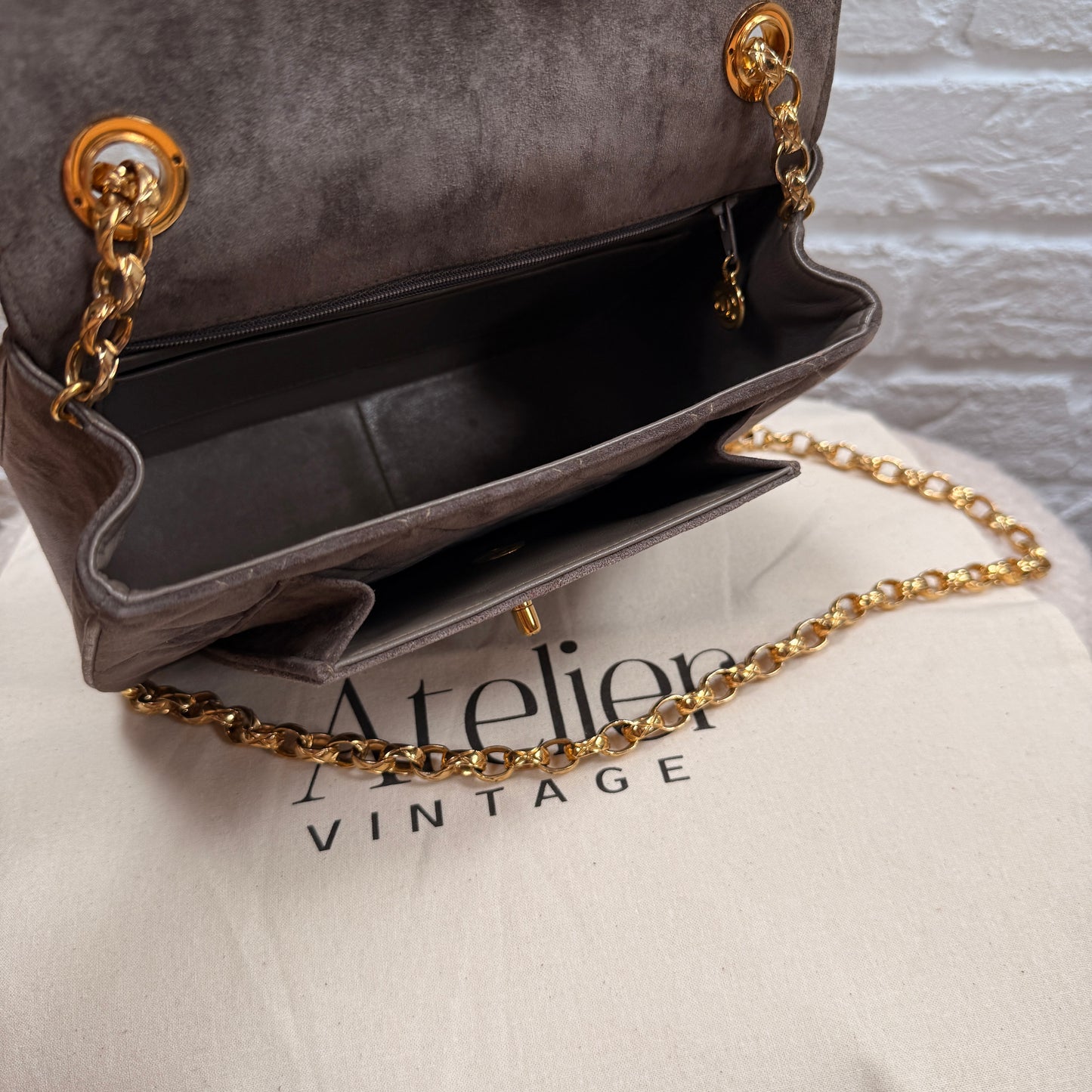 Chanel 1980s Ultra Rare Chanel Limited Edition Bijoux Chain in Taupe Suede and 24k Hold Hardware