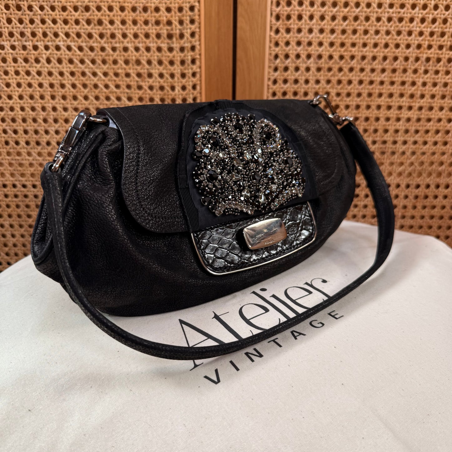Prada 2002 Black & Embellished Jewel Two Way Shoulder Bag