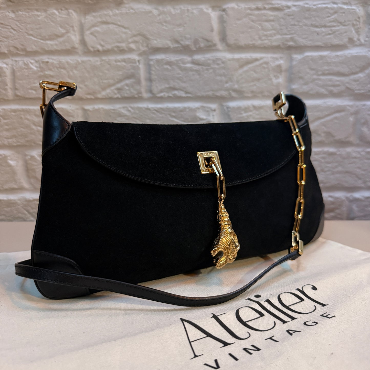 Gucci 1990s Gucci X Tom Ford Black Suede Tigers Head Cross Body