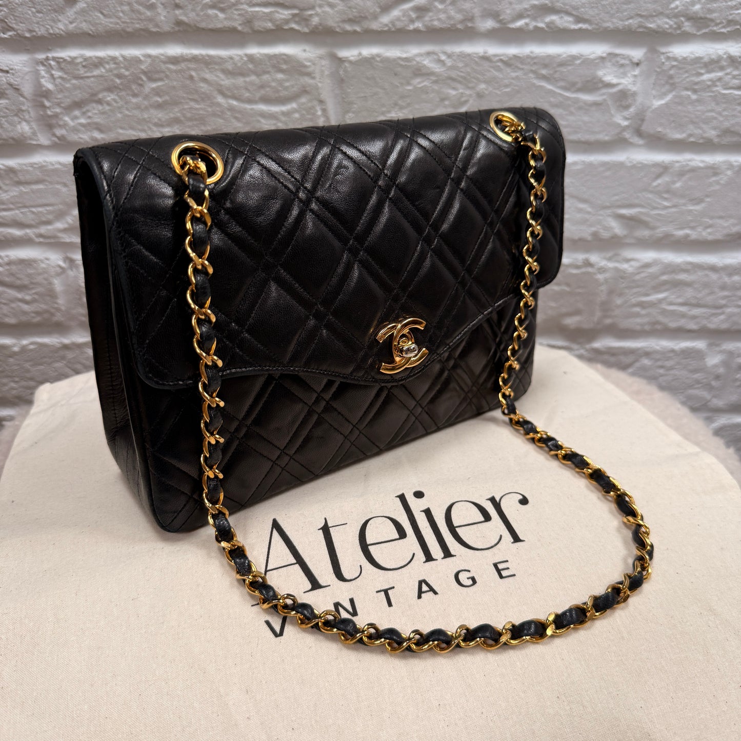 Chanel Early 1980s Rare Chanel Double Diamond Quilted Two Way Single Flap in black