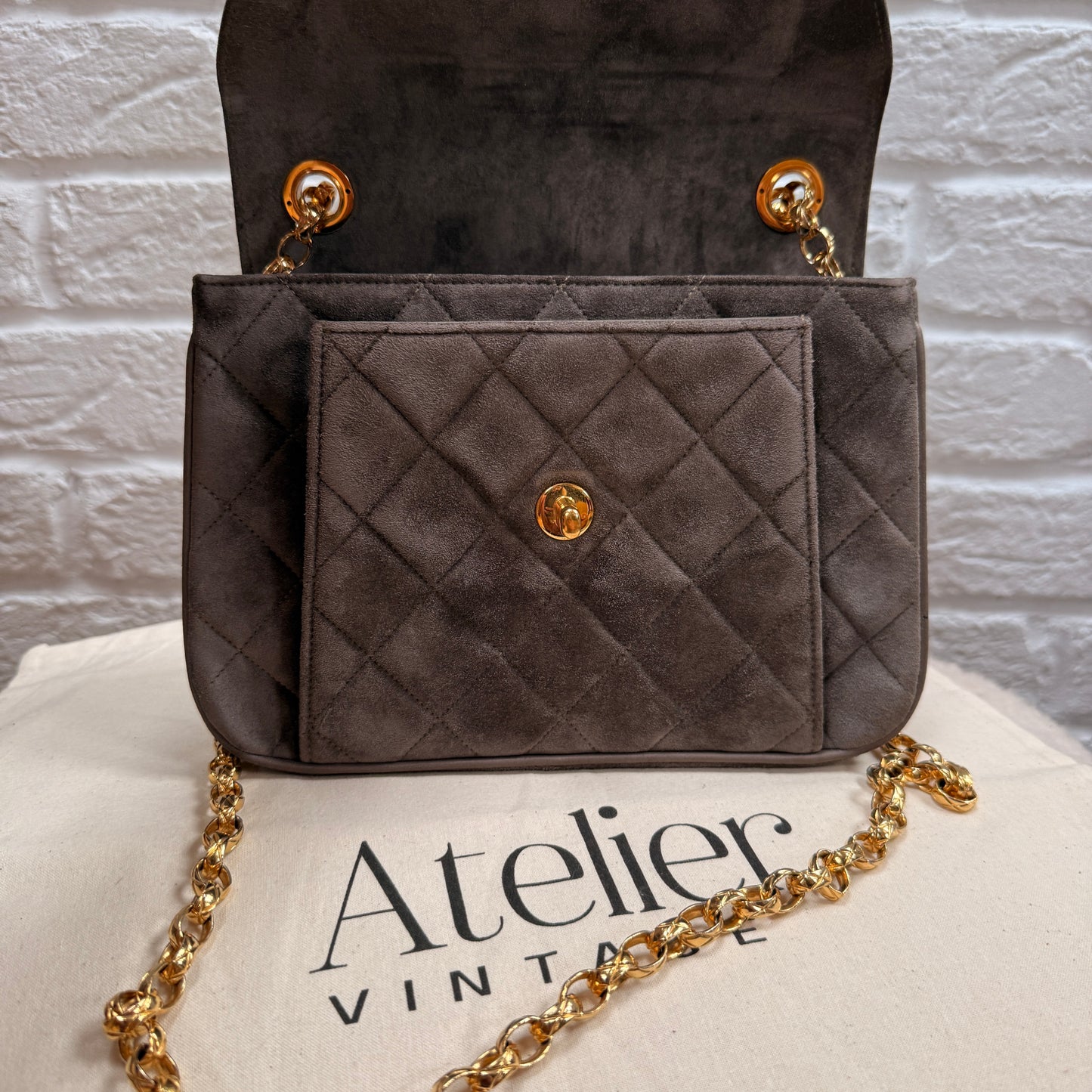 Chanel 1980s Ultra Rare Chanel Limited Edition Bijoux Chain in Taupe Suede and 24k Hold Hardware