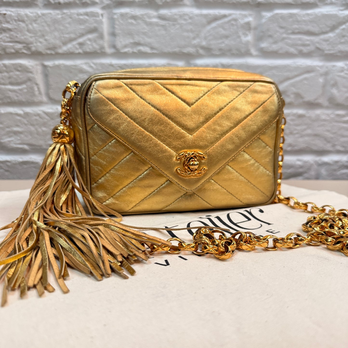 Chanel 1991 Ultra Rare Chevron Quilted Turnlock Camera Bag in Gold Lambskin Leather with 24k gold hardware