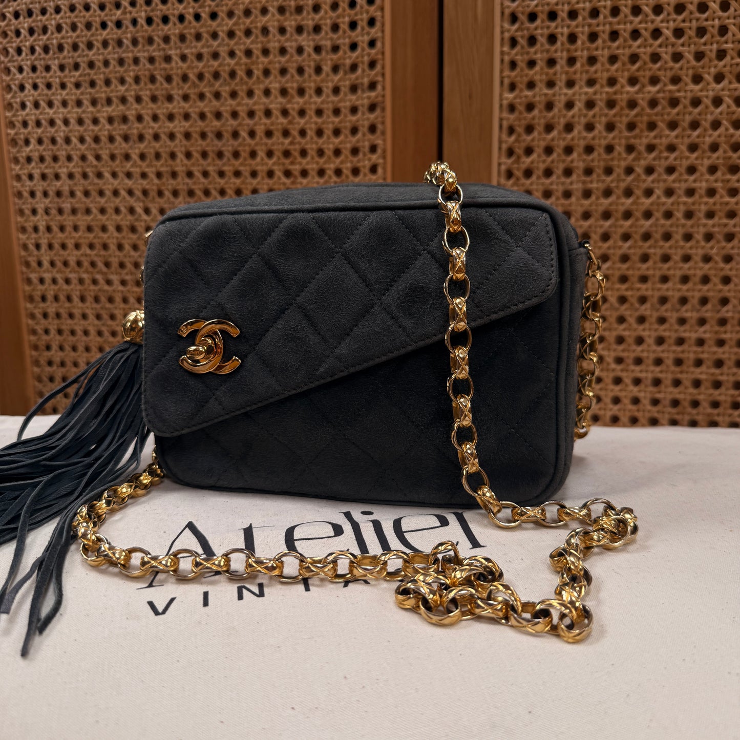 Chanel 1994 rare camera bag with bijoux chain in slate grey suede