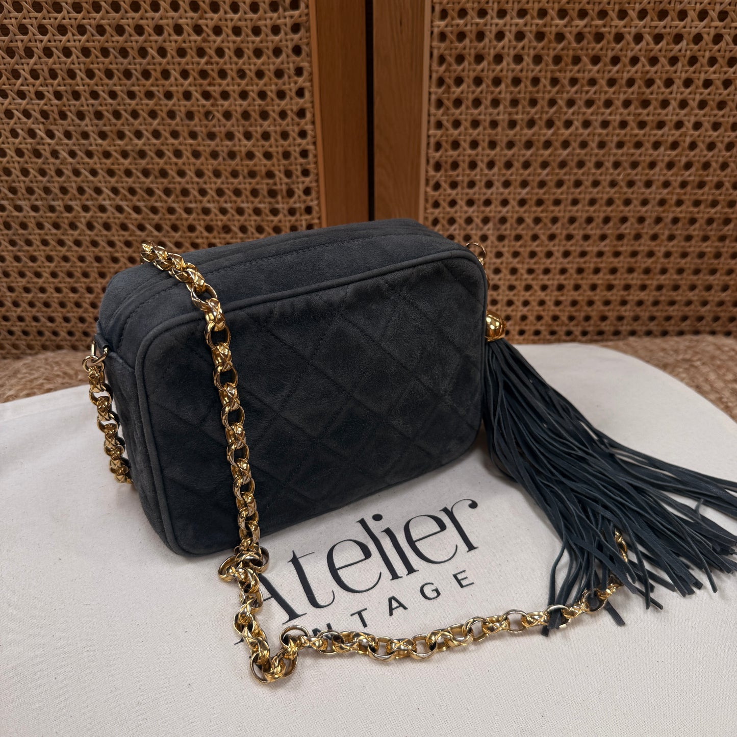 Chanel 1994 rare camera bag with bijoux chain in slate grey suede