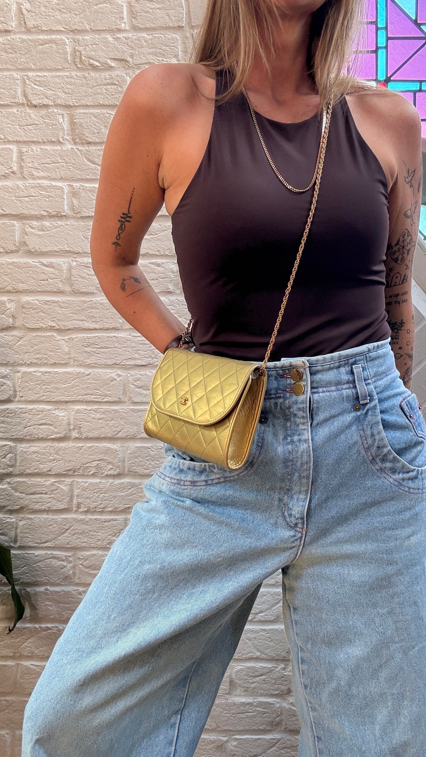 Chanel Early 1980s Rare Gold Lambskin Leather Single flap Cross Body