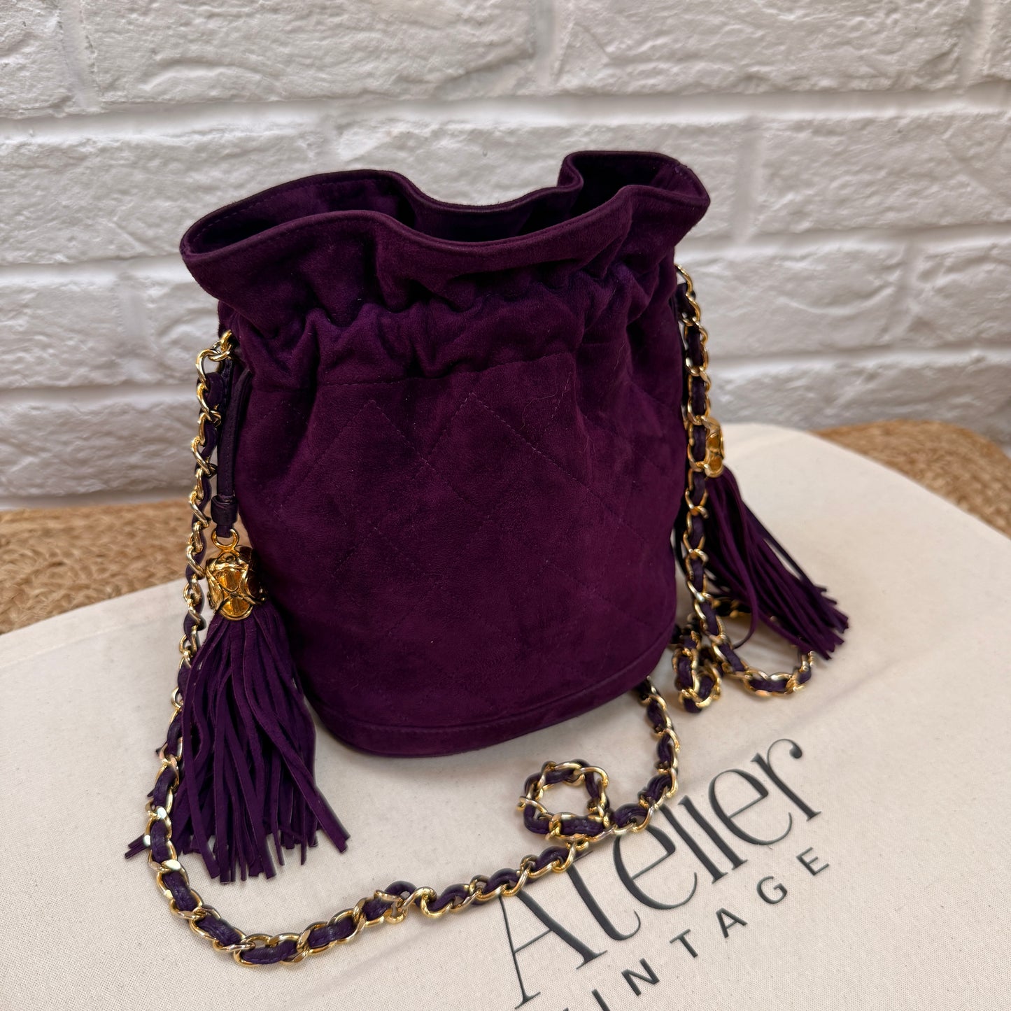 Chanel 1989 ultra rare plum suede Quilted Cross Body Bucket Bag