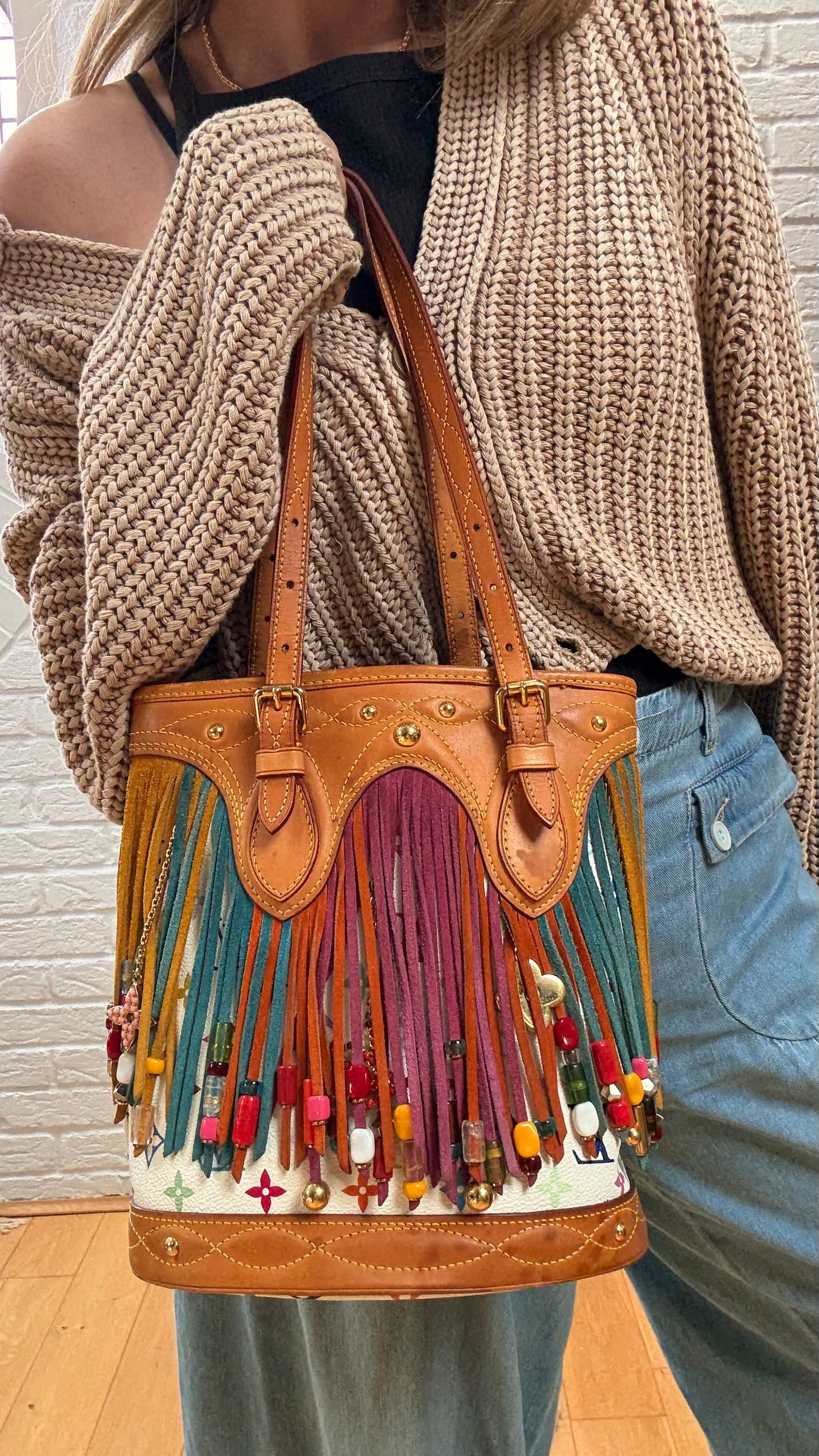 Louis Vuitton 2006 ULTRA RARE Murakami Suede and Beaded Fringe Bucket Bag