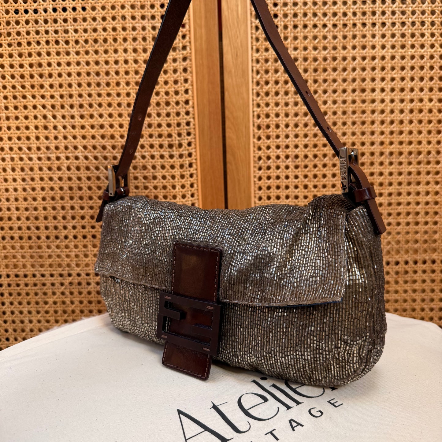 Fendi 2001 Rare Fendi Baguette Champagne - Limited Edition full glass beaded with chocolate leather