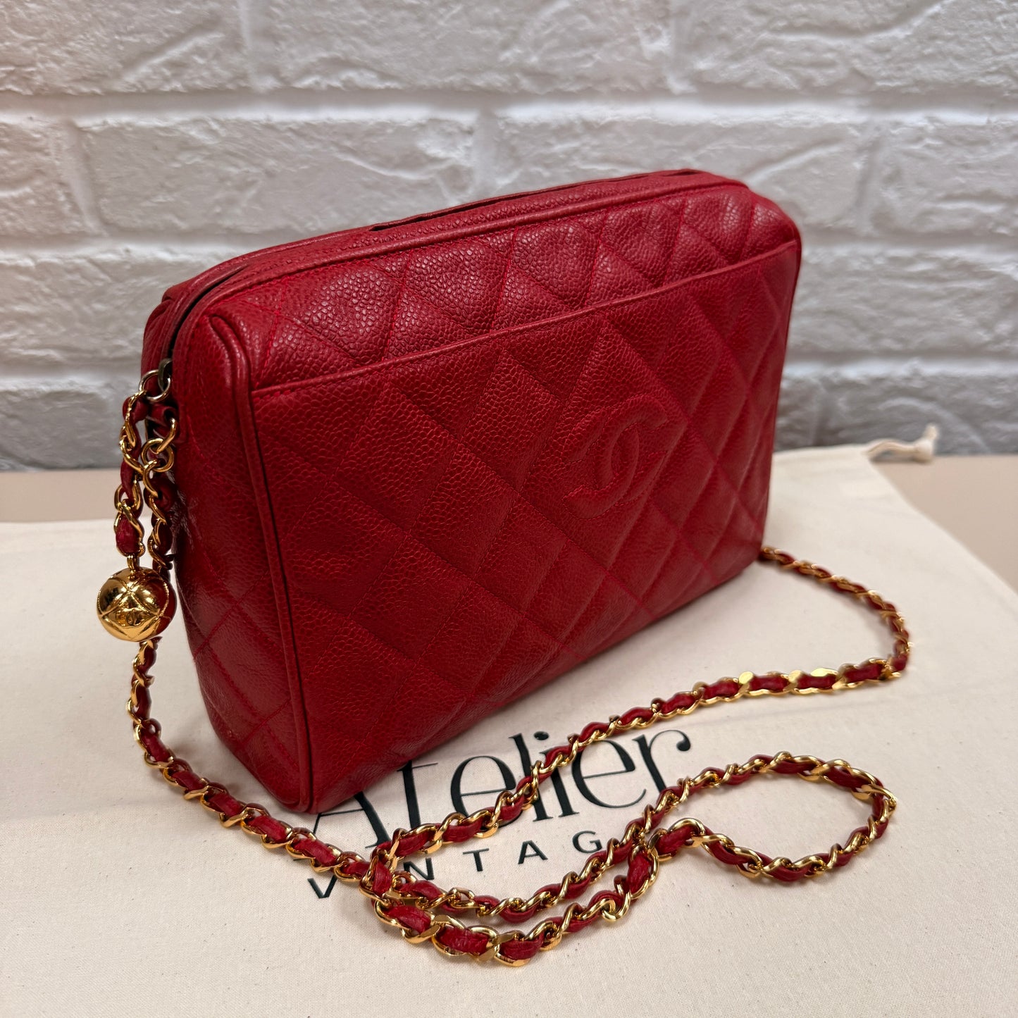 Chanel 1994 Rare Red Caviar Camera Bag with CC Charm