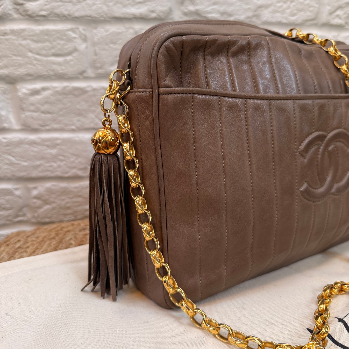 Chanel Rare 1980s Mademoiselle Camera Bag with Bijoux chain in Taupe