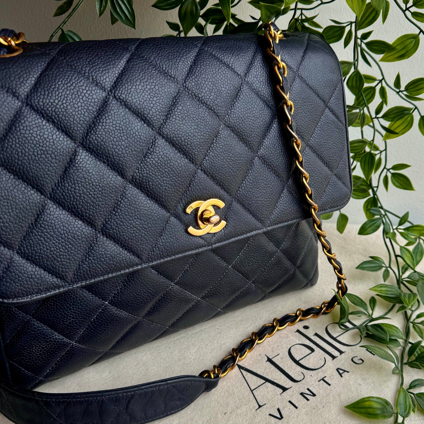 Chanel 1994 Navy Caviar Leather Large Square Single Flap